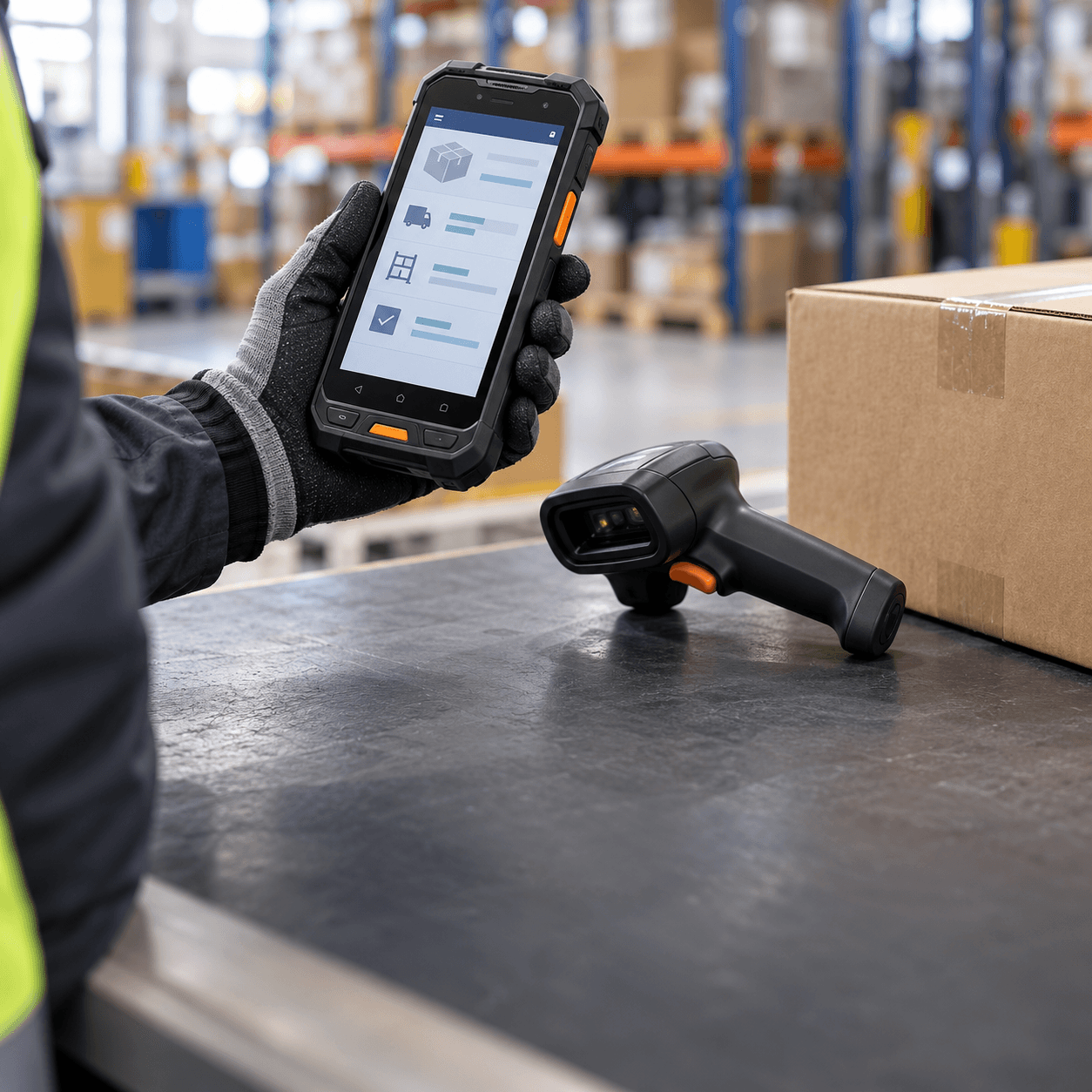 Gloved hand holding a rugged mobile device with inventory software beside a barcode scanner.